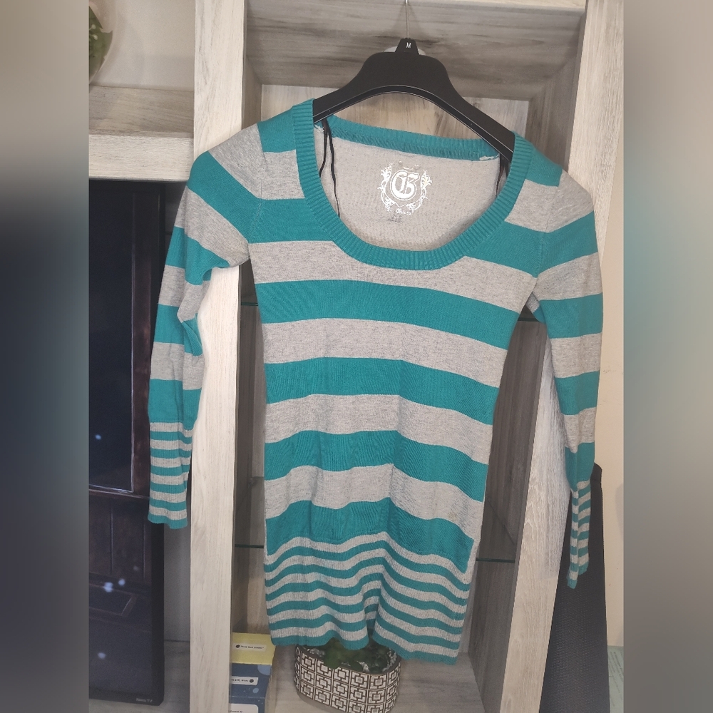 G By Guess Teal and Gray Striped Sweater SZ XS Good Condition